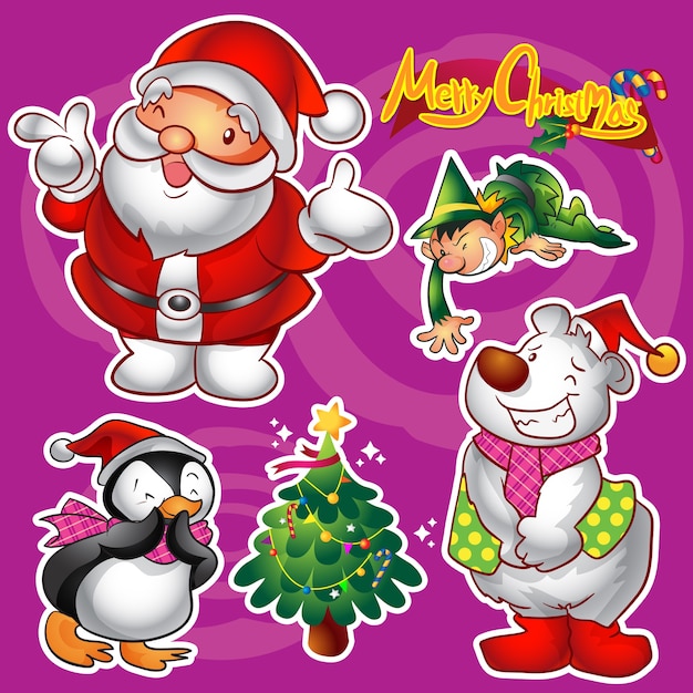 Vector set of colorful cute christmas characters and decorations