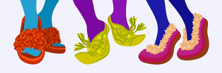 Vector vector set of colorful cute slippers on legs in bright socks