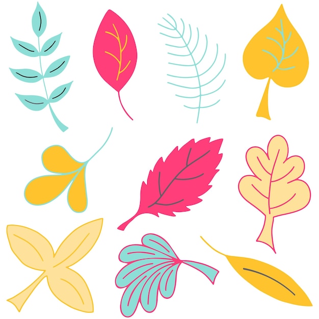 Vector vector set of colorful doodle leaves hand drawn leaves collection isolated on white background