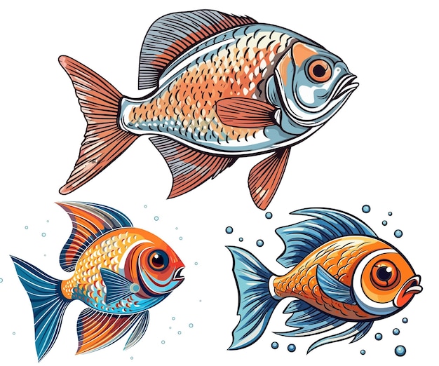Set vettoriale di pesci colorati in stile piattopesci dei cartoni animati vettoriali