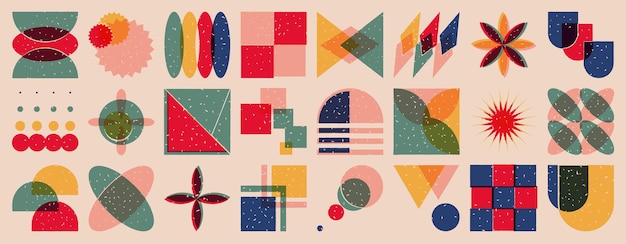 Vector set of colorful geometric shapes in trendy risograph print style