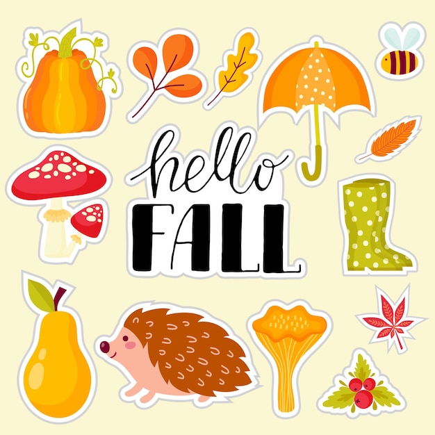 Vector vector set of colorful hand drawn trendy stickers of autumn symbols on red background.