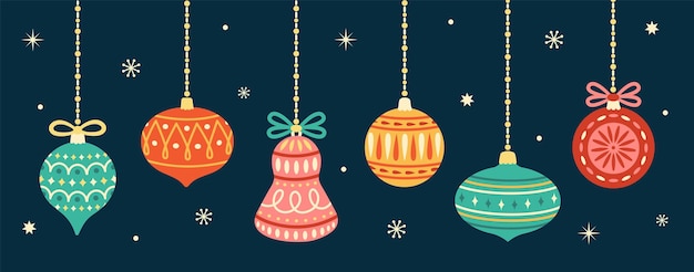 Vector vector set of colorful hanging christmas balls and decorations christmas holiday concept