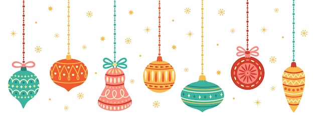 Vector set of colorful hanging Christmas balls and decorations Christmas holiday concept