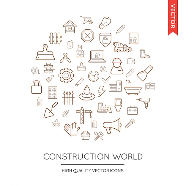 Vector Set of Construction Modern Flat Thin Icons Inscribed in Round Shape