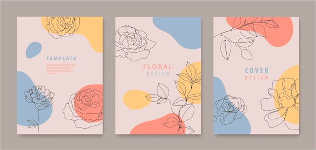 Vector vector set of continuous line flowers leaves covers banners posters cards social media stories flyers design templates trendy design with waves pastel colors