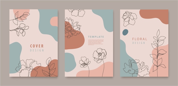 Vector set of continuous line flowers, leaves covers, banners, posters, cards, social media stories, flyers design templates. Trendy design with waves, pastel colors