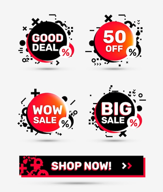 Vector set of cool graphic color sale badge and banner on white background. Sale design for mobile app, application, web, site, banner, advertising