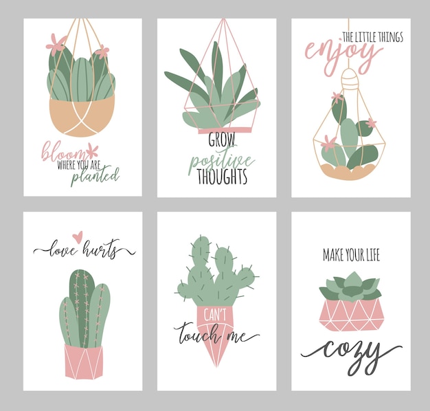 Vector set of cozy cute posters with cactus and succulent isolated on a white background. inspiration quotes. home gardening. house plants. botany decoration.