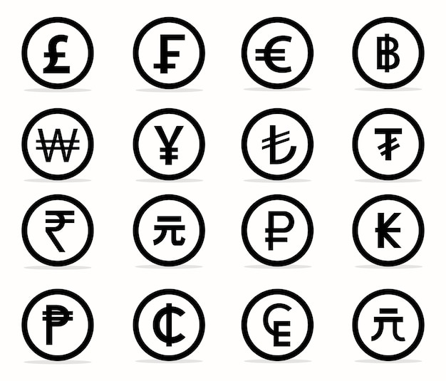 Vettore insieme di vettore dell'icona di simboli di valuta