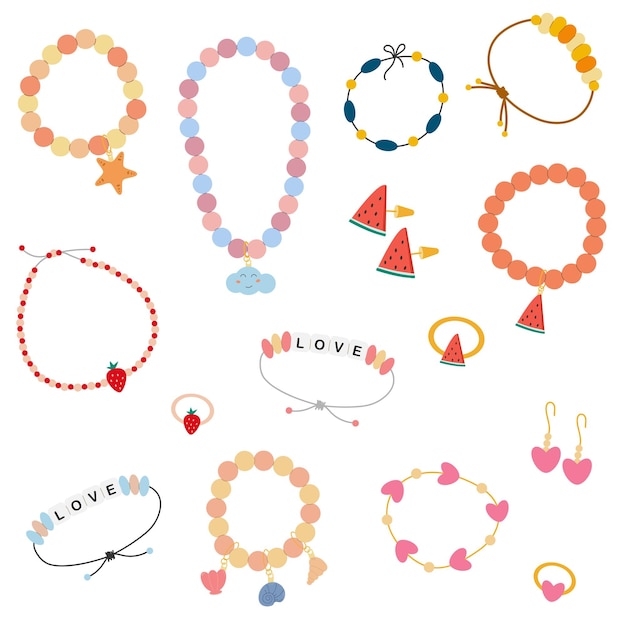 Vector set of cute bracelets rings and necklaces cartoon jewelry set for girls