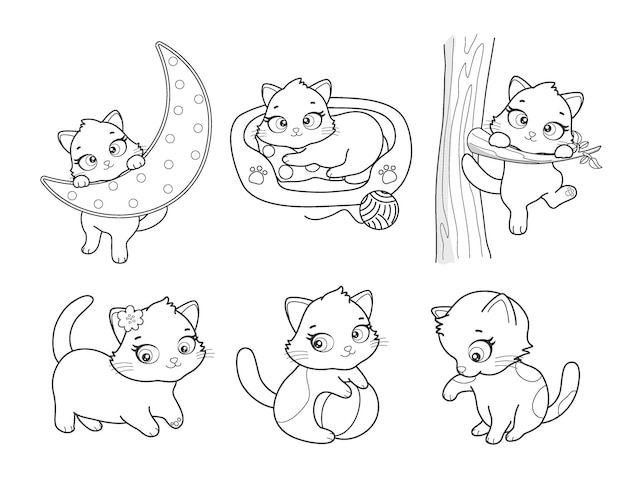 Vector set of cute cartoon style cat in different poses Animal character illustration for children Hand drawn line drawings of funny kitten Big collection of pets for kids coloring animation