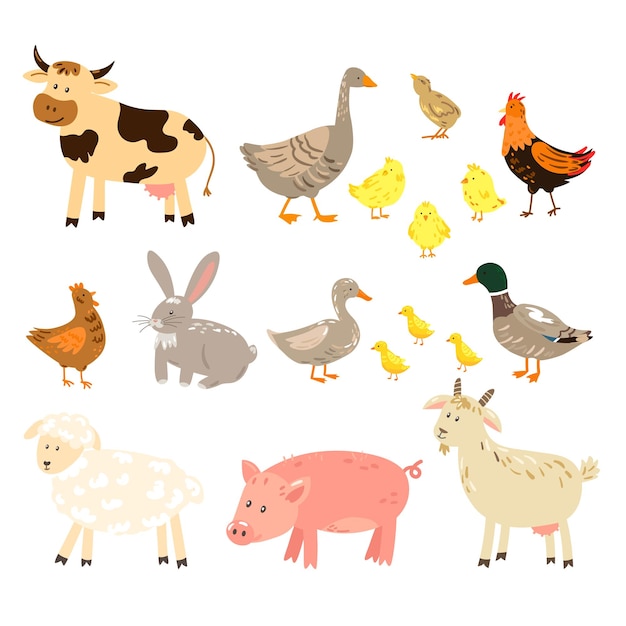 Vector vector set of cute farm animals and birdsxdxa