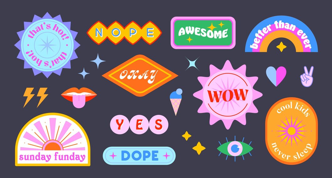 Premium Vector | Vector set of cute funny patches and stickers in 90s ...