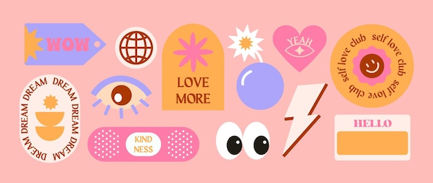 Vector set of cute funny patches and stickersmodern icons or symbols in y2k aesthetic with text