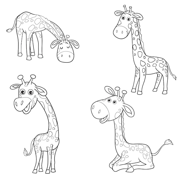 Set vettoriale di simpatici cartoni animati giraffa isolati su bianco illustrazione in bianco e nero pagine da colorare per bambini