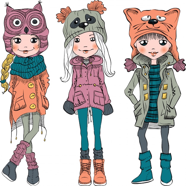 Vector set cute girls in funny hats vector set fashion girl in winter clothes