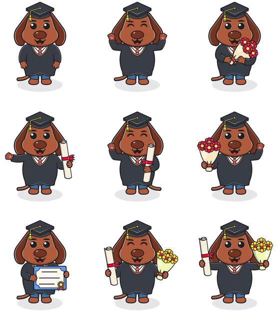 Vector Set of Cute Graduation Themed Dog