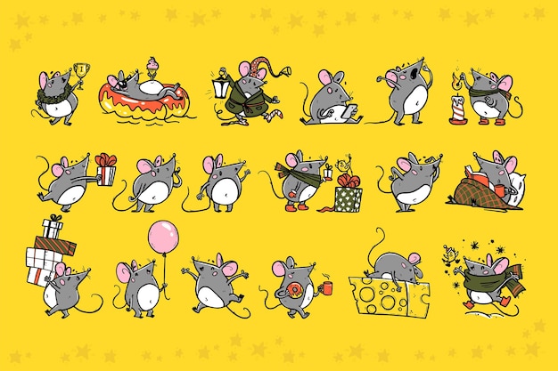 Vector set of cute gray mouse character in different poses sit jump celebrate walk read rest isolated on yellow background Sticker emoticon design Hand drawn style For card web banner print