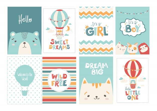 Vector set of cute greeting cards for baby in a simple scandinavian style and pastel palette.