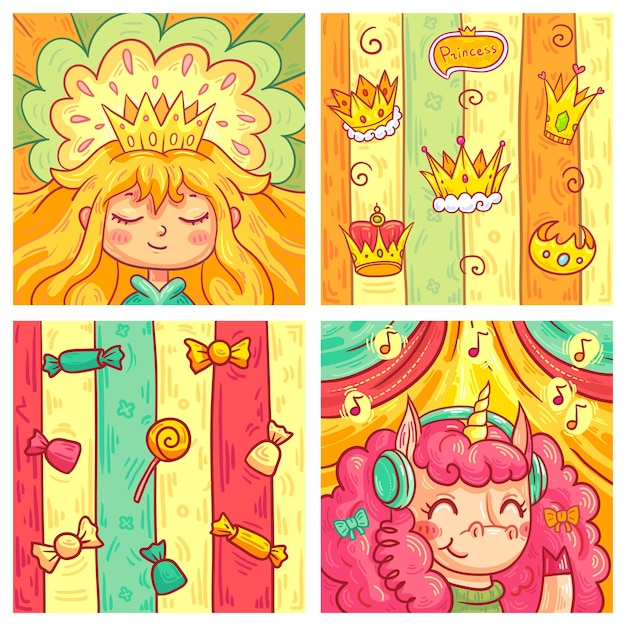 Vector set of cute greeting cards for children in cartoon style beautiful princess portrait and pattern with different crowns happy unicorn with headphones and candy background