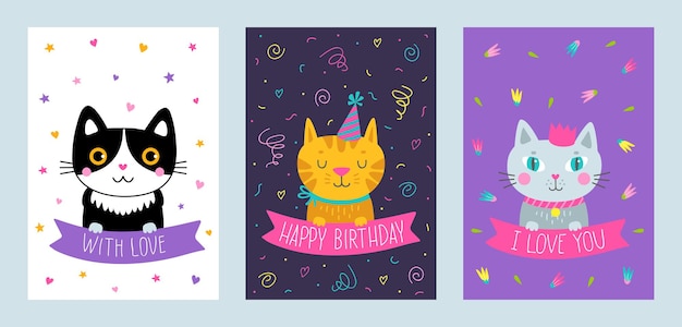 Vector vector set of cute greeting cards with hand drawn cat