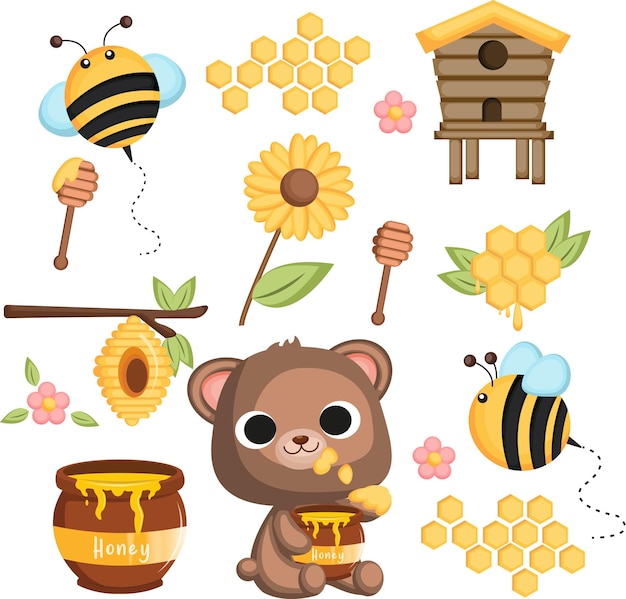 Vector vector set cute honey bear collecting