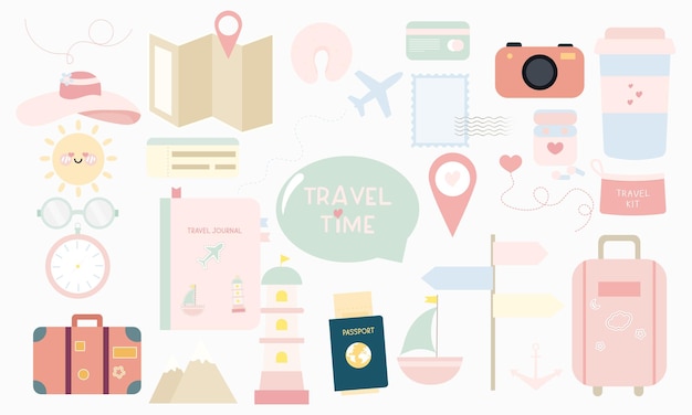 vector set of cute kawaii travel elements collection in flat style