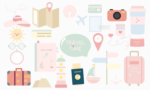 Vector set of cute kawaii travel elements collection in flat style