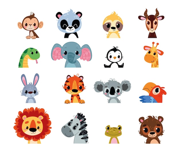 Vector set of cute little animals African baby avatar Kids Lion Panda Monkey Elephant Koala