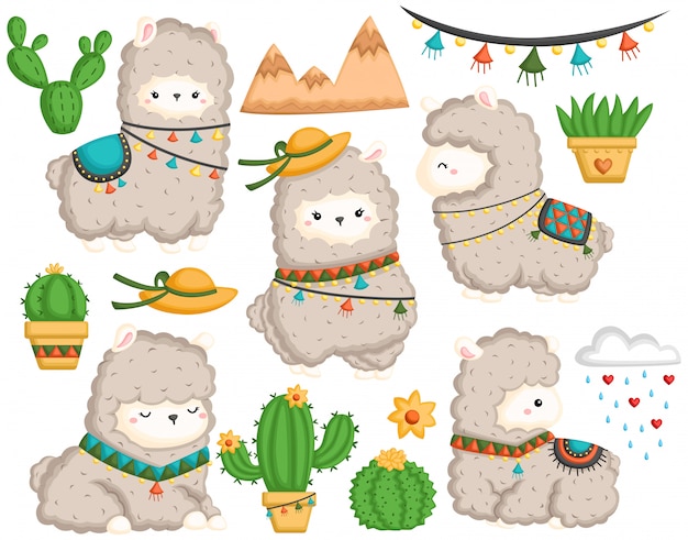A vector set of cute llama and many cactus