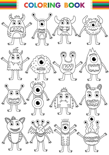 Vector set of cute monsters. Funny line hand-drawn aliens for coloring pages.