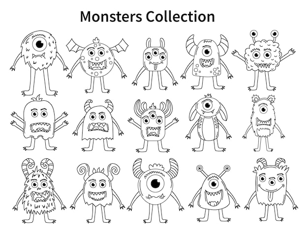 Vector set of cute monsters. Funny line hand-drawn aliens for coloring pages.