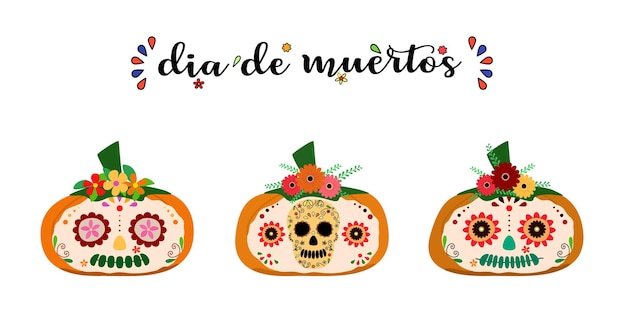 죽은 멕시코 휴가철의 Dia De Muertos 컨셉 데이에 벡터 세트 귀여운 호박