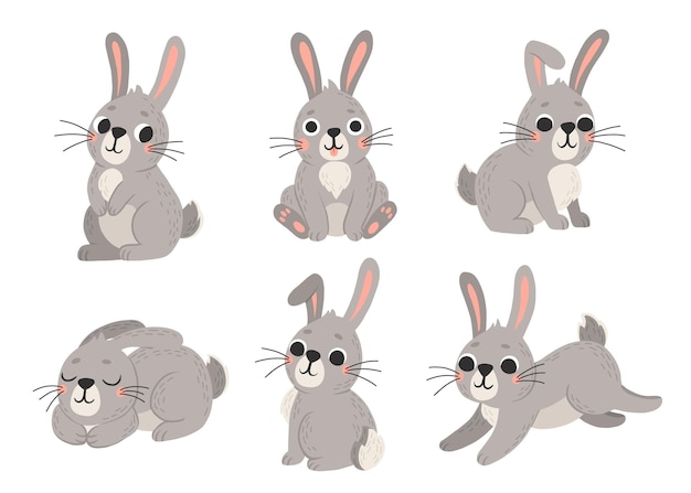 Vector set of cute rabbits in cartoon style Bunny pet silhouette in different poses Hare and rabbit colorful illustration for childrens book postcards and posters