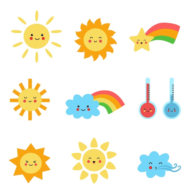 Vector vector set of cute weather elements in cartoon style on white background