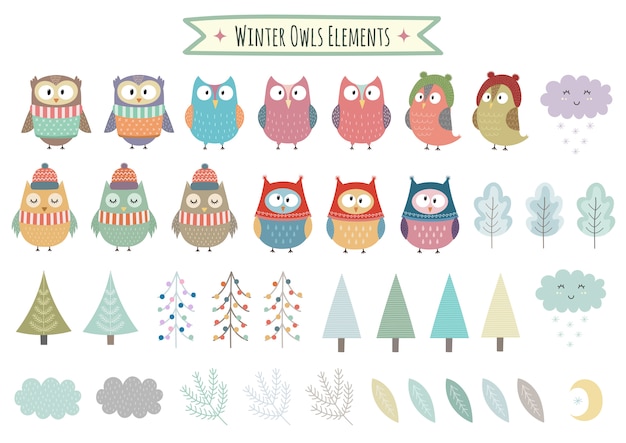 Vector set of cute winter elements - owls, trees, brunches, clouds and leaves. christmas clipart collection