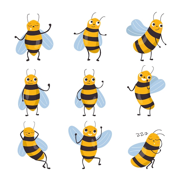 Vector vector set of cute yellow cartoon bees in different poses on a white background. nature, animal