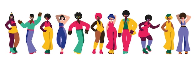 Vector set of dancing people disco and fashion of 70s