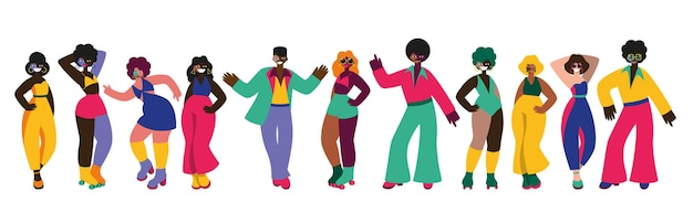 Vector set of dancing people disco and fashion of 70s