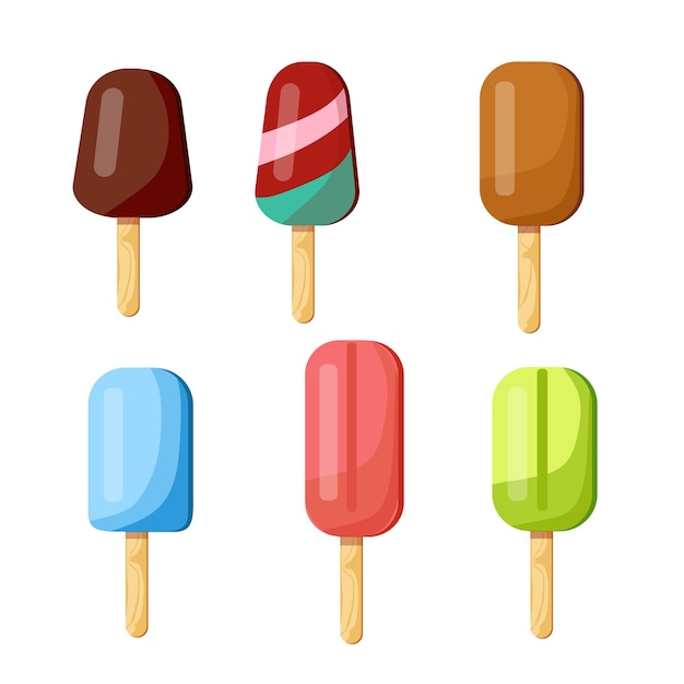 Vector set of delicious ice cream on a stick with various fillings