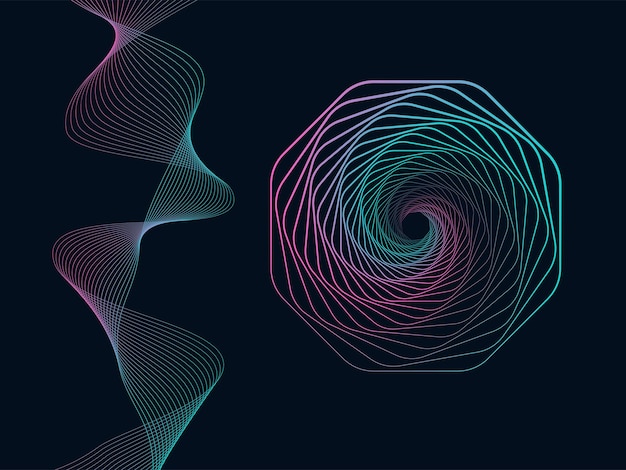 Vector set for design a 3d tunnel made of a geometric shape and a sinuous wave abstract graphics on a dark background