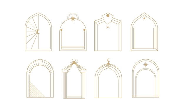 Vettore set vettoriale di elementi di design e illustrazioni in elementi di design del logo boho arch in stile lineare semplice e cornici per storie e post sui social media