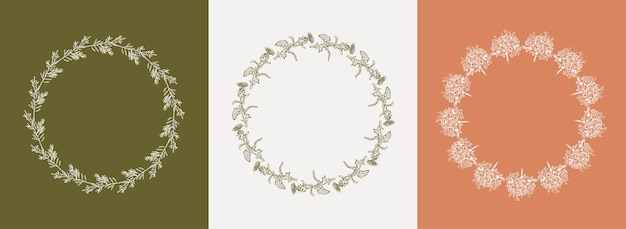 Vector set of design frames and botanical illustrations in simple linear boho style