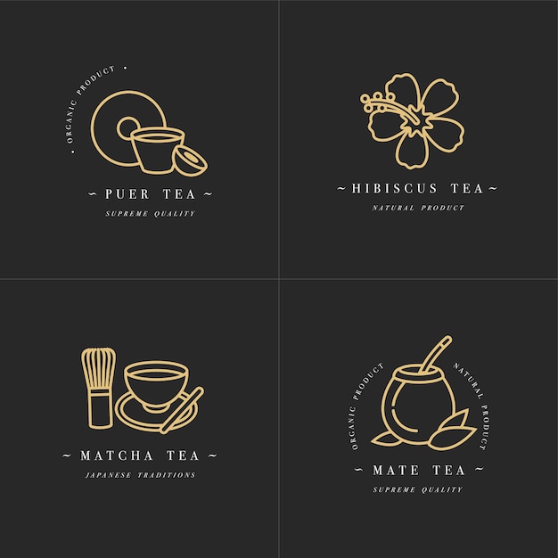 Vector set design modelli d'oro logo ed emblemi - erbe e tè biologici. diversi tè icona-puer, ibisco, mate e matcha. loghi in stile lineare alla moda isolato su priorità bassa bianca.