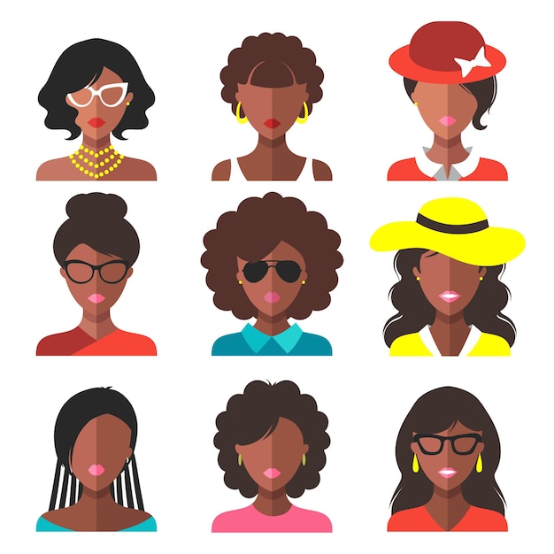 Vector vector set of different african american woman app icons in trendy flat style.