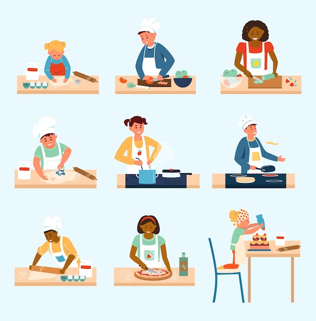 Vector vector set of different age and ethnicity kids in aprons and chef hats cooking.