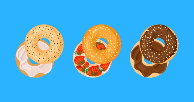 Vector Set of Different Bagels Filled with Cream Fish Chocolate