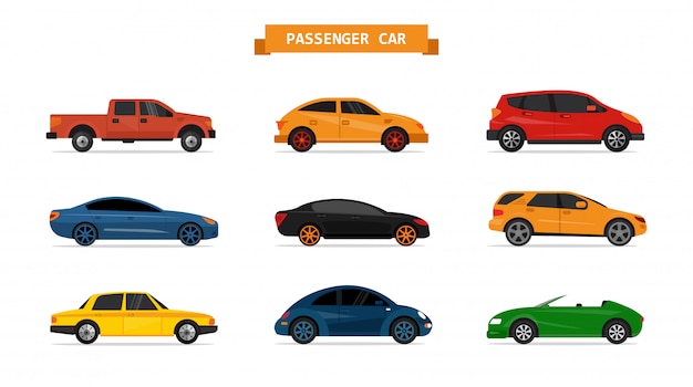 Vector set of different cars isolated. design elements. Sedan, pick up, suv, sport car