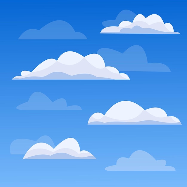 Vector set of different cartoon clouds isolated on blue sky